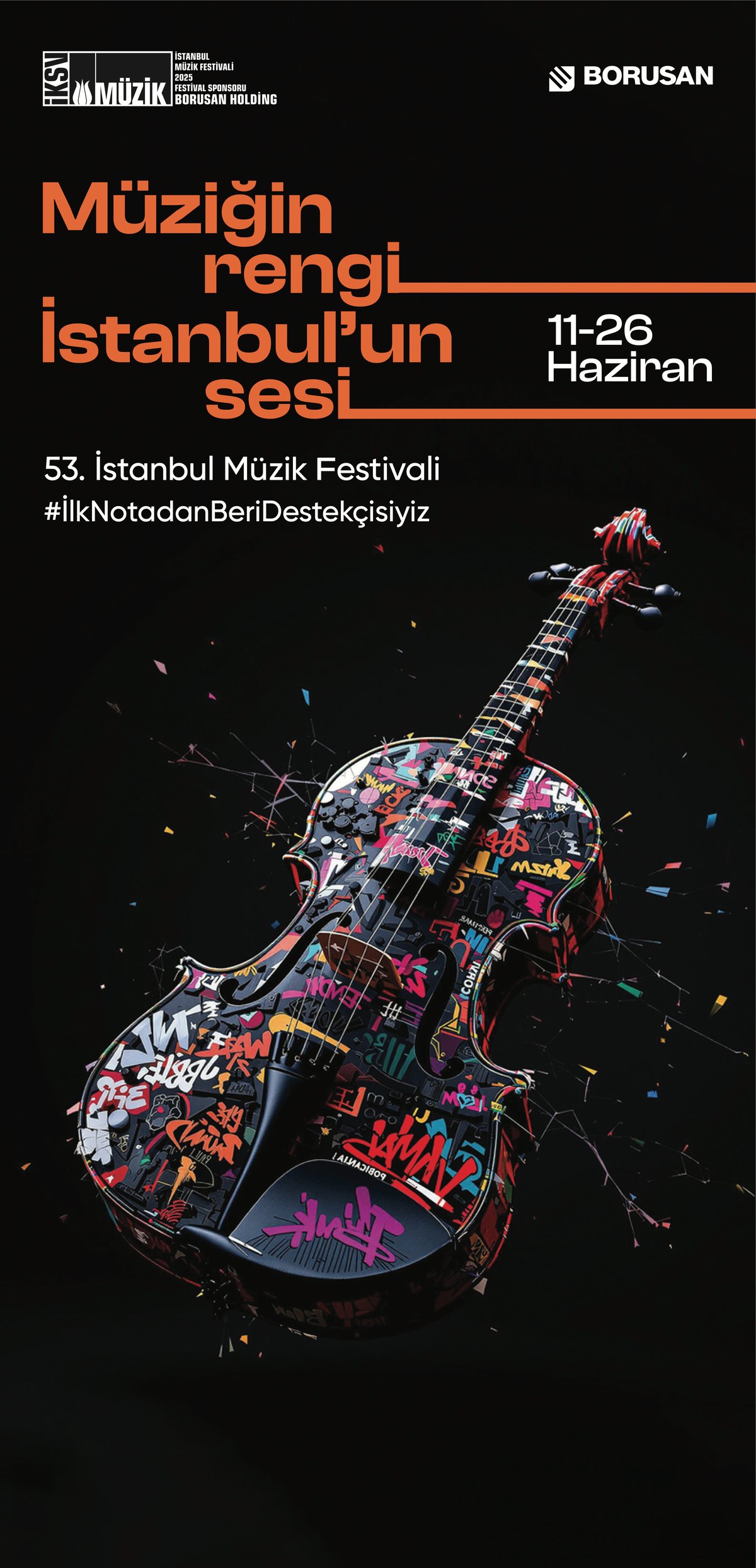 Poster: a violin covered in colour
