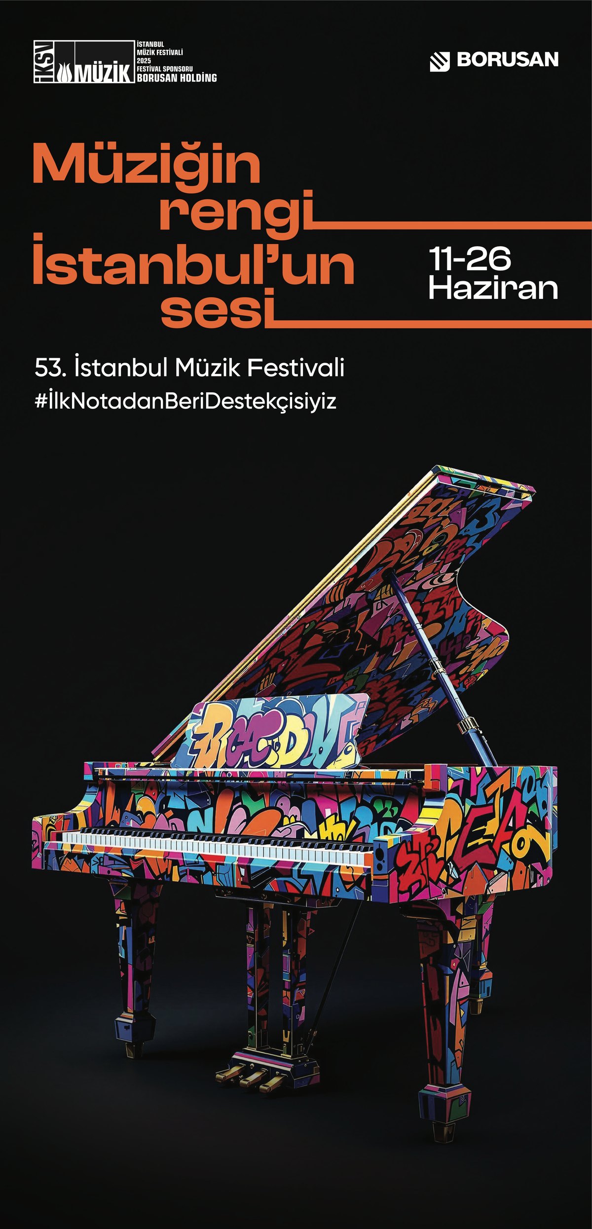 Poster: a grand piano covered in colour