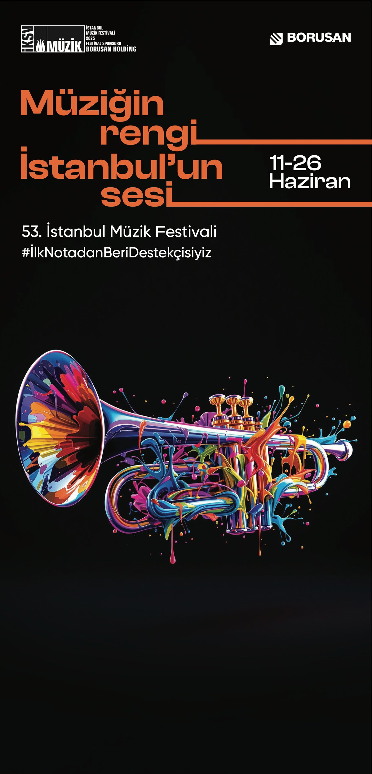 Poster: a trumpet covered in colour - 'Müziğin rengi, İstanbul'un sesi'