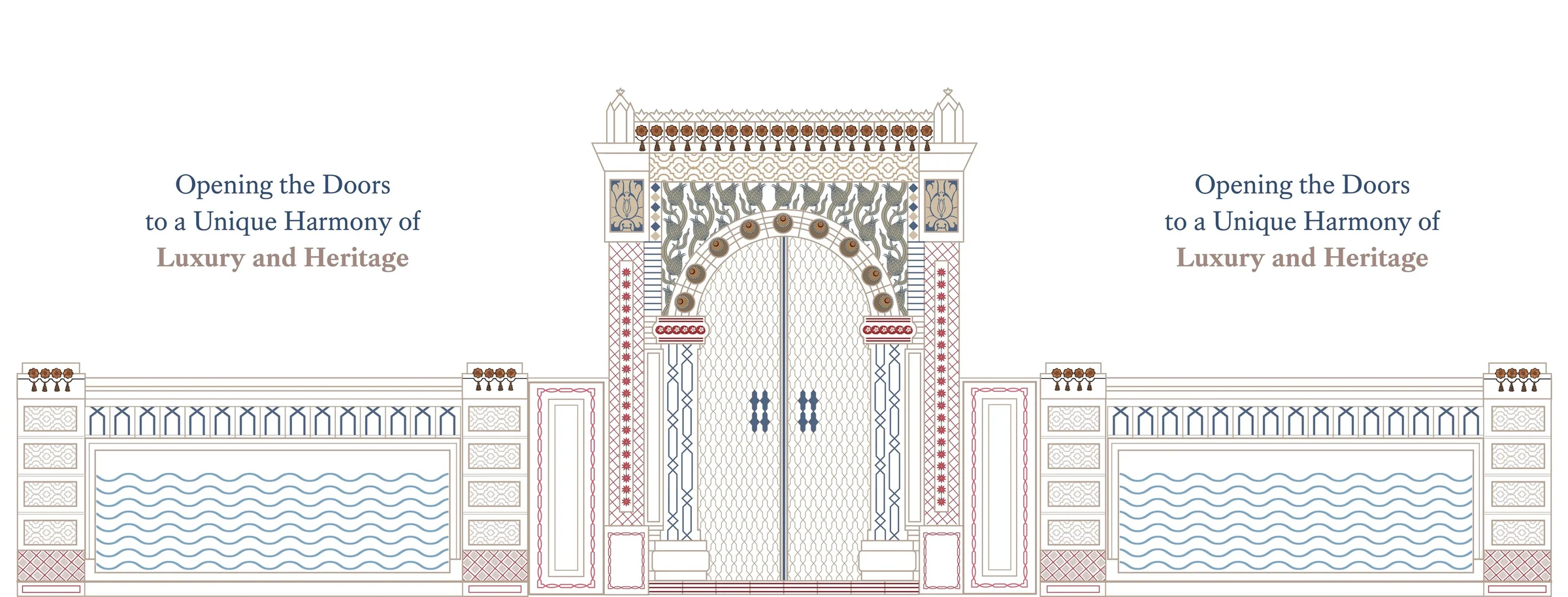 The brochure spread: the illustrated gate opening onto photographs of the palace