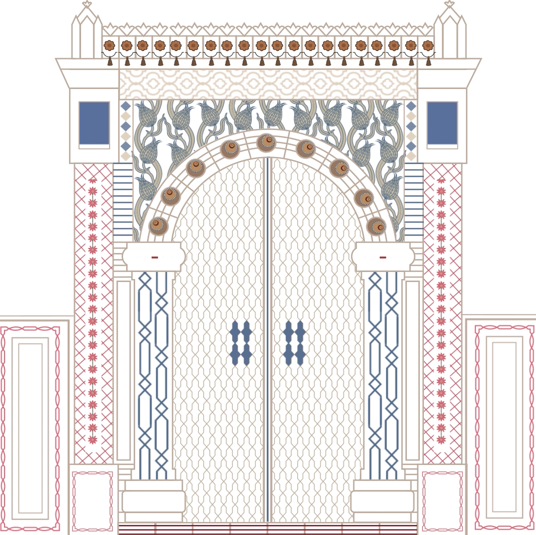 The palace gate as a single illustration: an arch of tulips and carnations over two doors, the Bosphorus as a line of waves