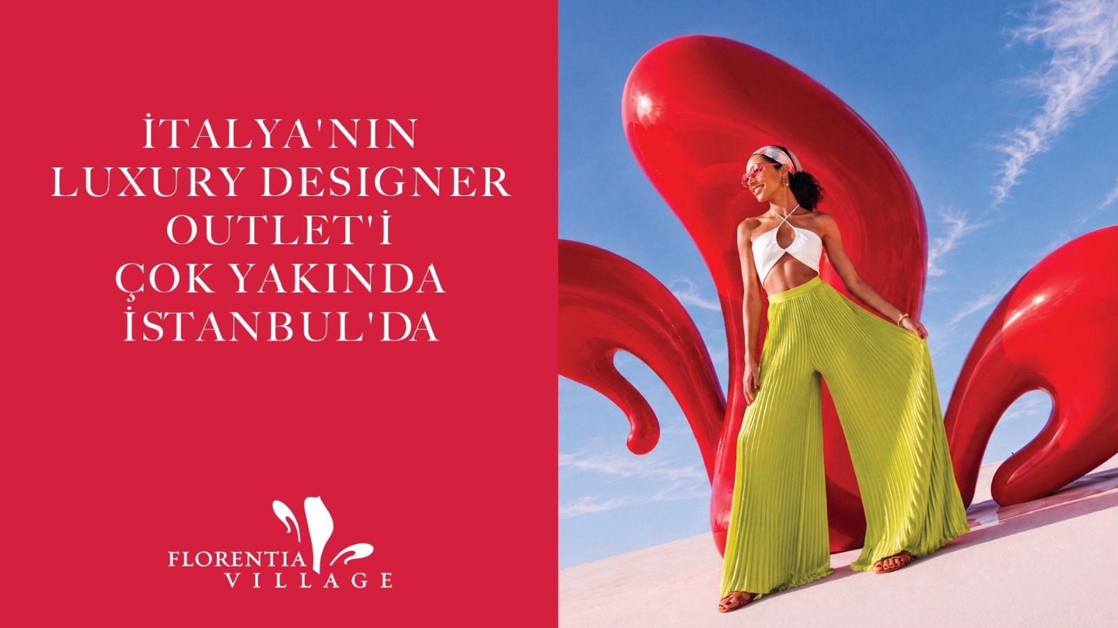 Florentia Village teaser key visual - a model in chartreuse against a glossy red lily sculpture