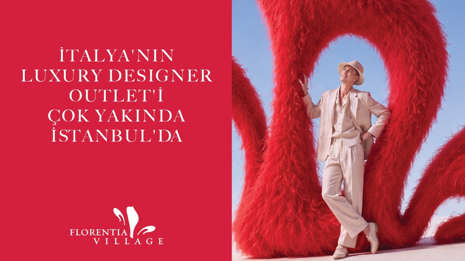 Florentia Village teaser key visual - a model in a cream suit leaning on a feathered red lily arch