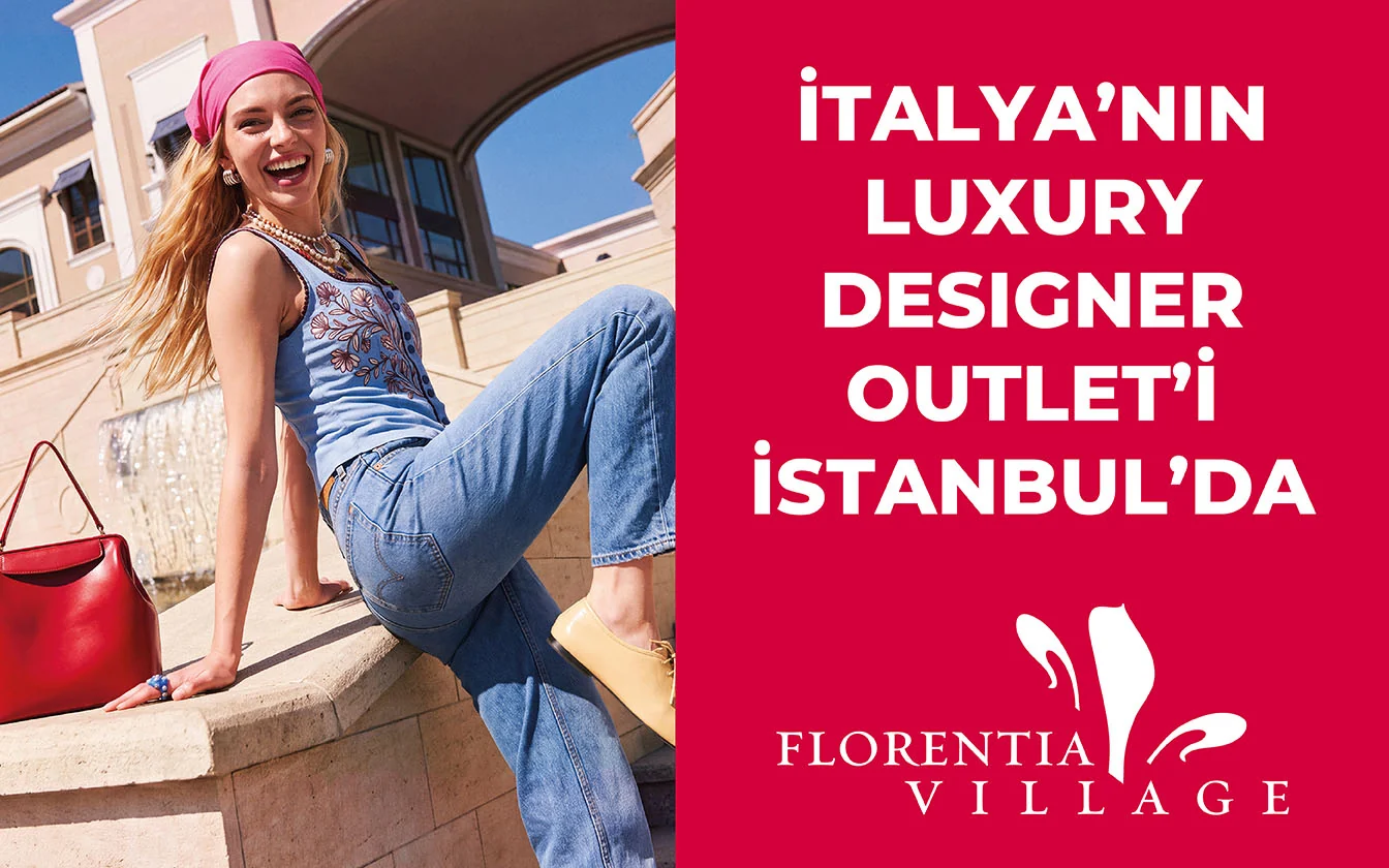 LED screen: a model in a pink headscarf and denim, red panel - “Italy’s luxury designer outlet is in Istanbul”