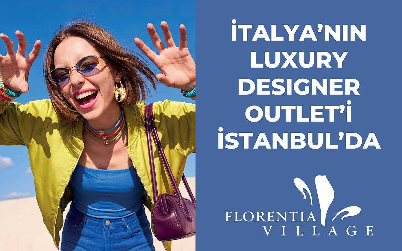 LED screen: a laughing model in a yellow jacket, hands up - “Italy’s luxury designer outlet is in Istanbul”
