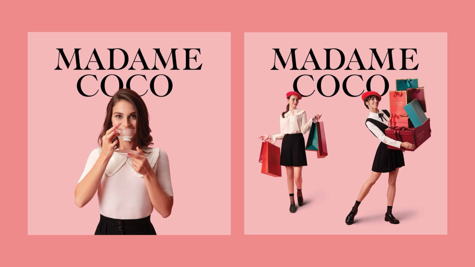 Key visuals: 'Madame Coco' - a woman with a cake slice; two women with shopping bags