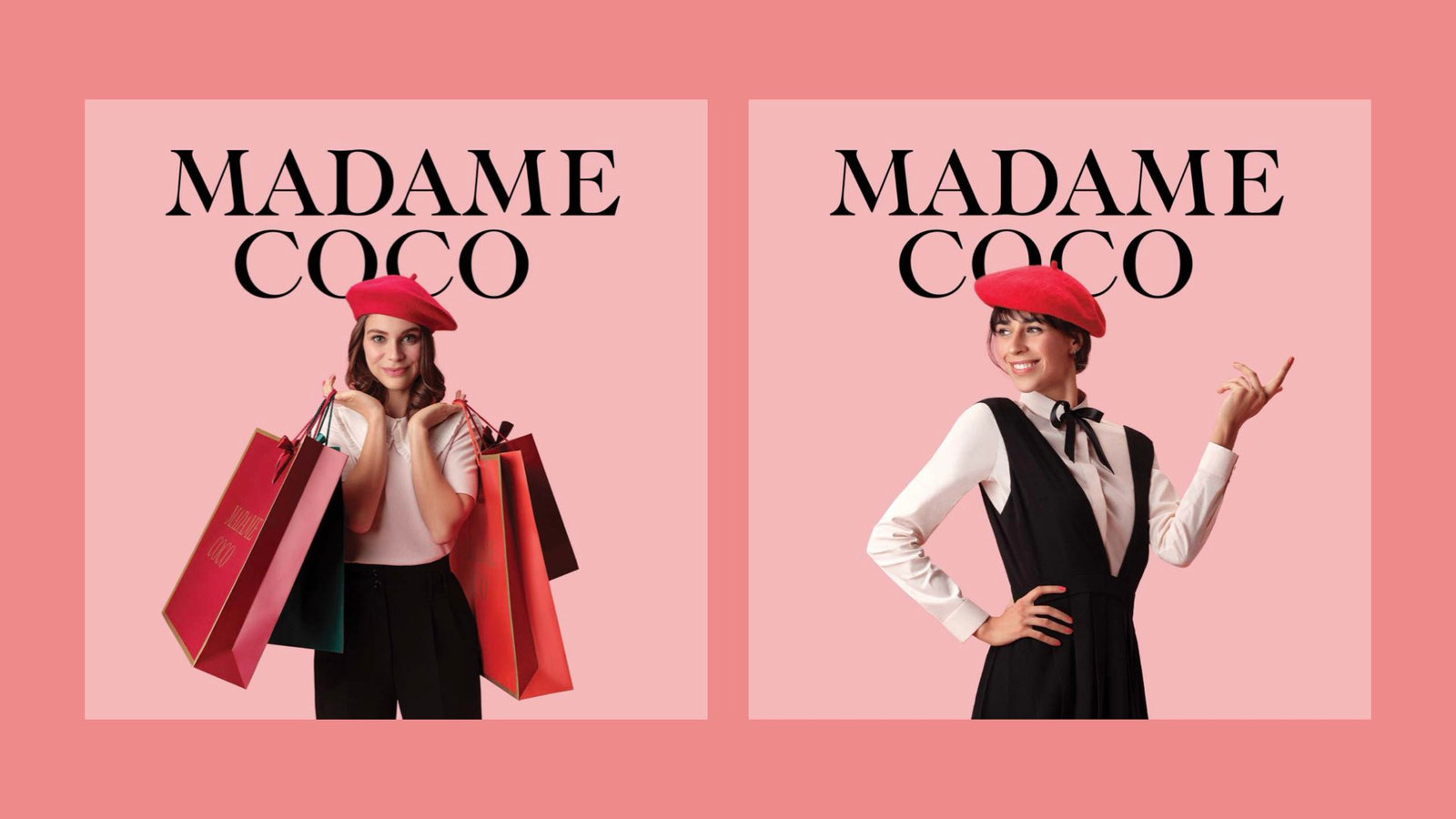 Key visuals: a woman in a red beret with shopping bags; a woman in a red beret pointing
